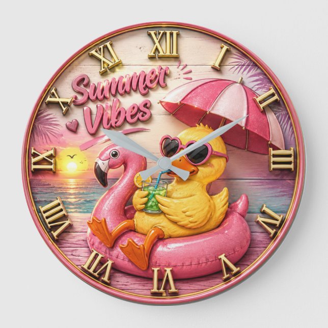 Summer Vibes Duck Cute Flamingo Pool Float Beach Stor Klocka (Framsida)