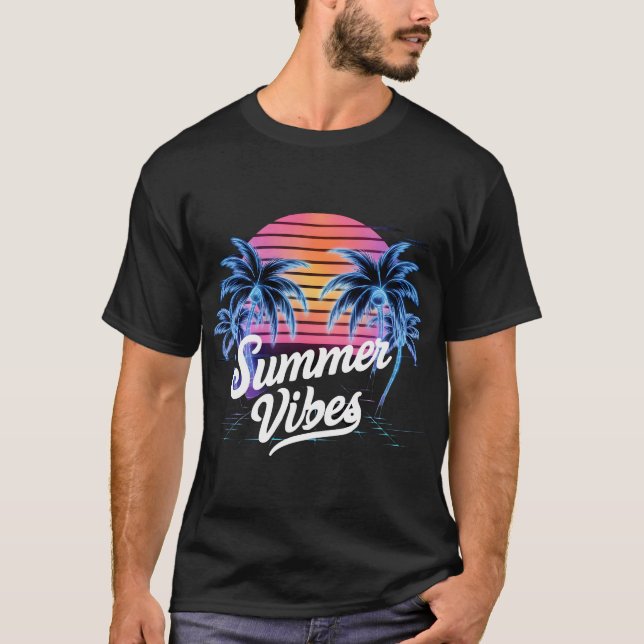 Summer Vibes Synthwave T-Shirt - Neon Handflatan T (Framsida)