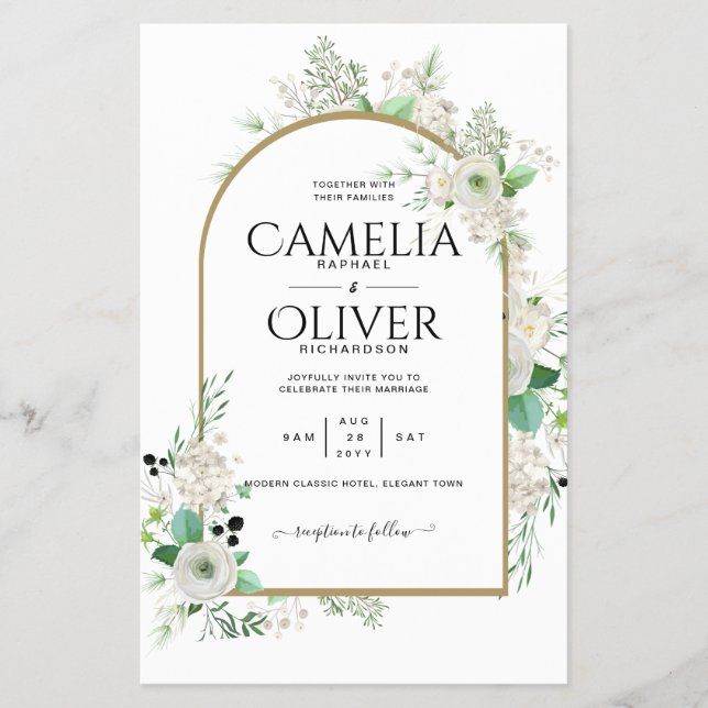 Summer Vit ros Emerald Sage Greenery BRÖLLOP Flygblad (Framsidan)