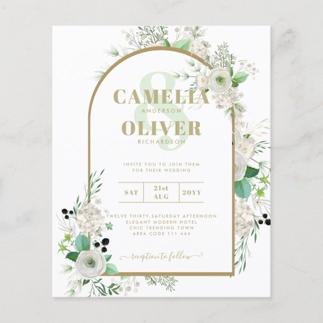 Summer Vit ros Emerald Sage Greenery BRÖLLOP Flygblad (Framsidan)