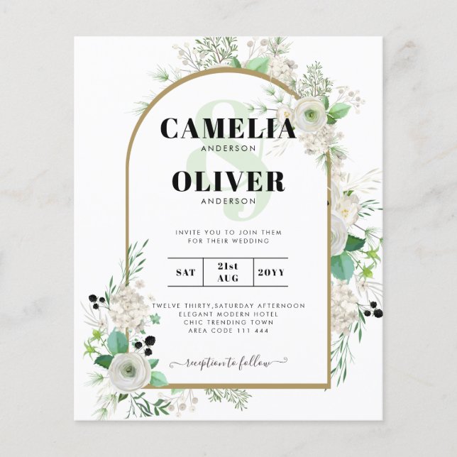 Summer Vit ros Emerald Sage Greenery BRÖLLOP Flygblad (Framsidan)