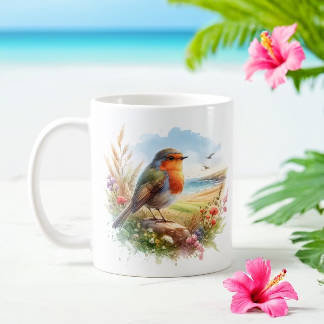 Summer Watercolor Robin på stranden Kaffemugg (Skapare uppladdad)