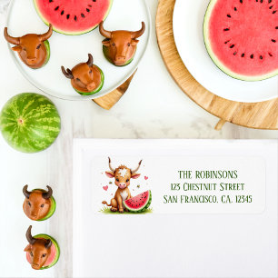 Summer Watercolor Texas Longhorn Calf Watermelon Returadress Etikett