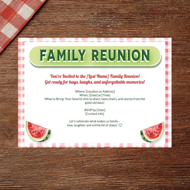 Summer Watermelon Family Reunion Inbjudningar (Watercolor family reunion invite with red plaid, watermelon, and modern typography)