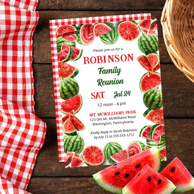 Summer Watermelons Ram | Kontroller Familjeåterför Inbjudningar (Fresh Summer Watermelons Frame | Red and White Gingham Checks Family Reunion Invitation)