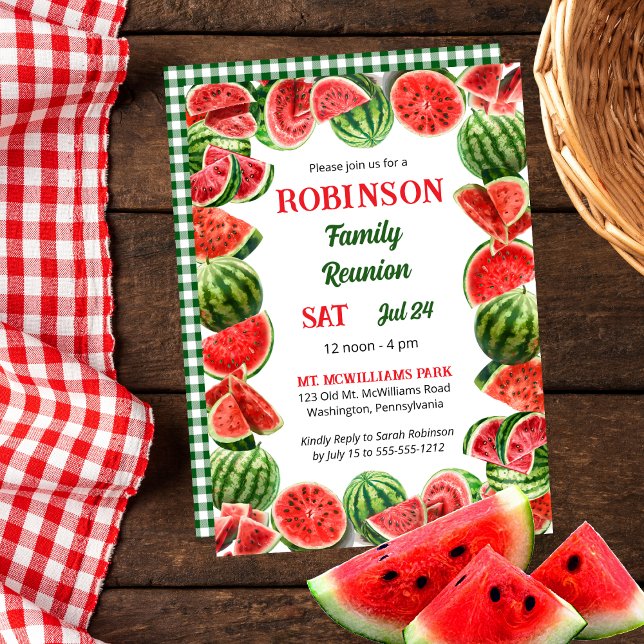 Summer Watermelons Ram | Kontroller Familjeåterför Inbjudningar (Fresh Summer Watermelons Frame | Back Green and White Gingham Checks Family Reunion Invitation)