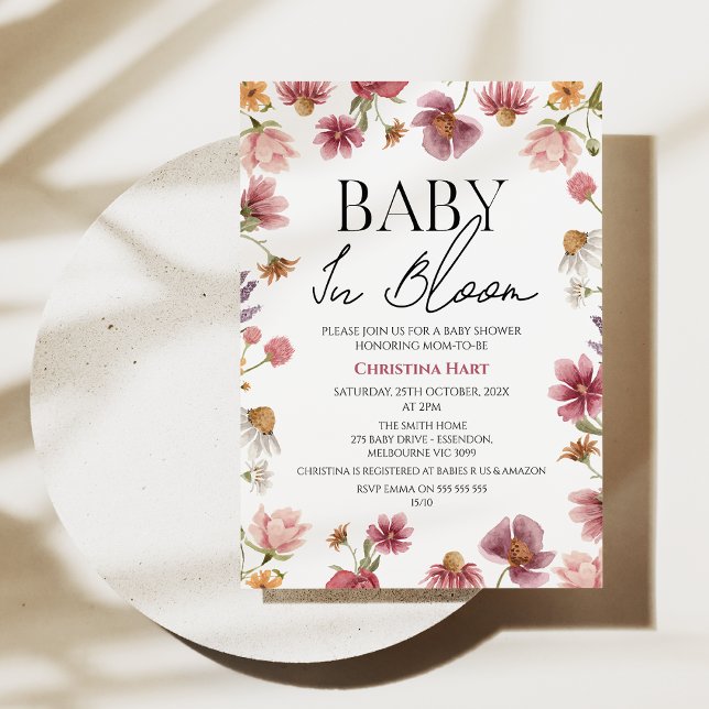 Summer Wildblommor Baby i Bloom Baby Shower Inbjudningar (Wildflower baby shower invitation, Baby in bloom baby shower invitation, Bohemian, Spring baby)