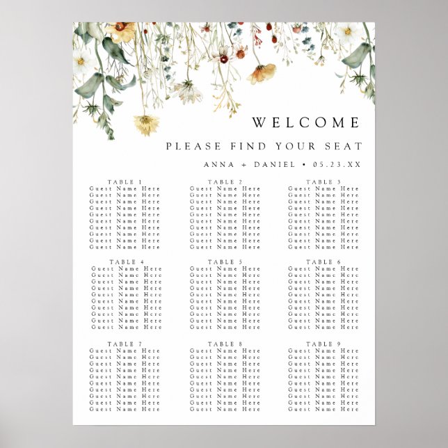Summer Wildflower Field Wedding Seating Chart Poster (Framsidan)