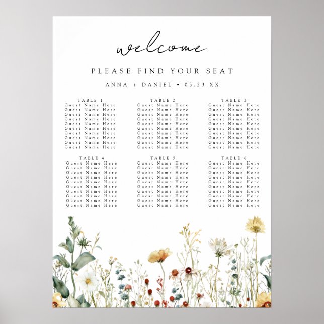 Summer Wildflower Field Wedding Seating Chart Poster (Framsidan)