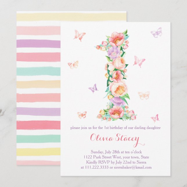 Summertime 1st Birthday med Pastel Butterflies Inbjudningar (Fram/baksida)