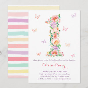 Summertime 1st Birthday med Pastel Butterflies Inbjudningar