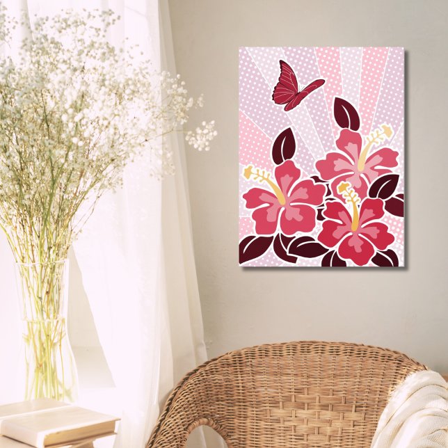 Summertime Blooming Rosa Hibiscus & Butterfly Rosa Poster (Summertime Blooming Pink Hibiscus & Butterfly )