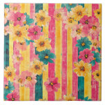 Summertime  kakelplatta<br><div class="desc">Colorful Summertime stripe and floral ceramic tile.</div>