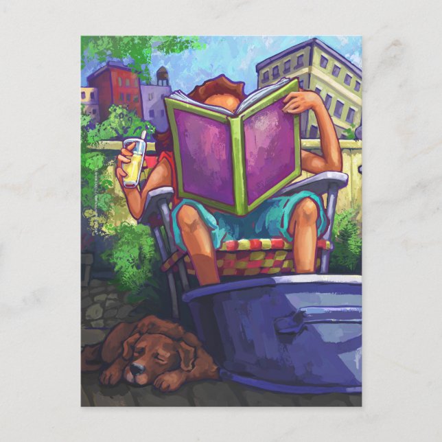 Summertime Reading, Girl and Hund Vykort (Framsida)