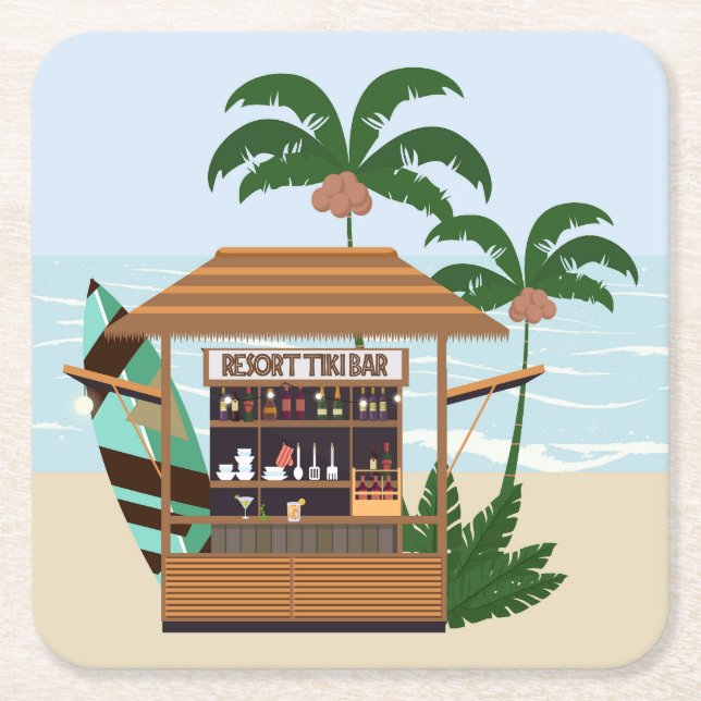 Summertime Resort Tiki Pub vid Beach Underlägg Papper Kvadrat (Framsidan)
