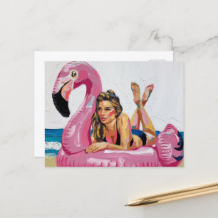 Summertime Woman på en Flamingo-Flyt vid Beach Vykort