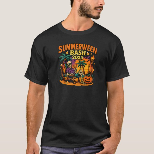 SummerWeen Bash 2025 Skeleton Beach Party Hallowee T Shirt (Framsida)