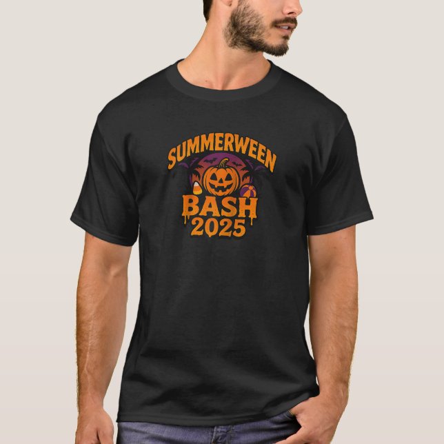 SummerWeen Bash 2025 Skeleton Beach Party Hallowee T Shirt (Framsida)