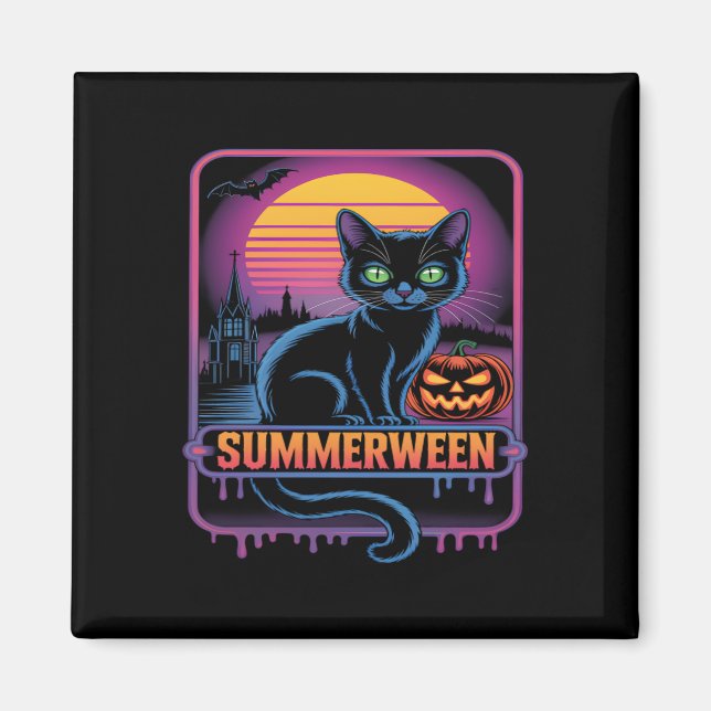 Summerween Black Cat Pumpkin Retro Halloween Art Magnet (Framsidan)