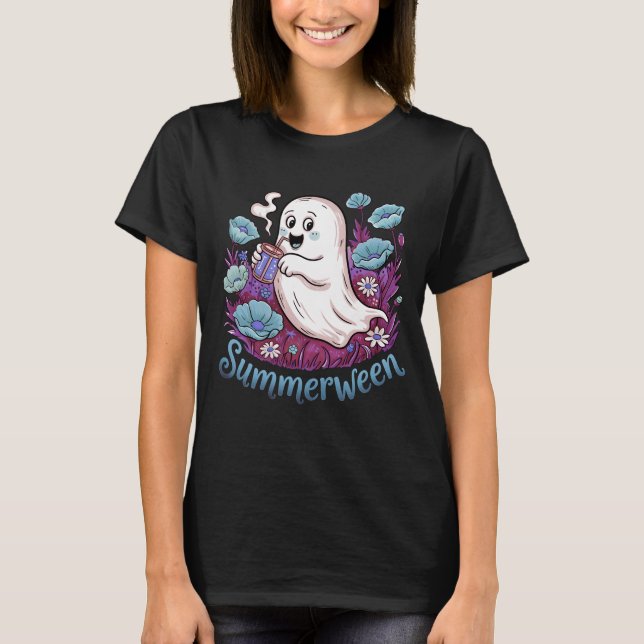 Summerween Blue Floral Ghost Cute Pastel Spooky T Shirt (Framsida)