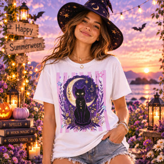 Summerween Celestial Svart Katt Måne Blommig Magi T Shirt
