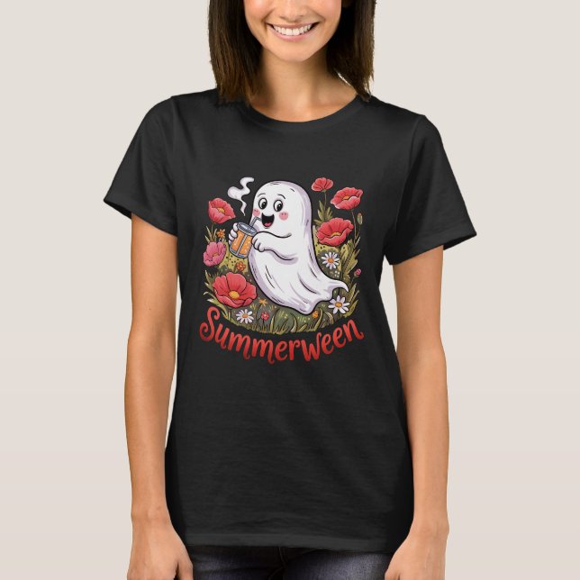 Summerween Cute Ghost Poppy Flower Field Summer T Shirt (Framsida)