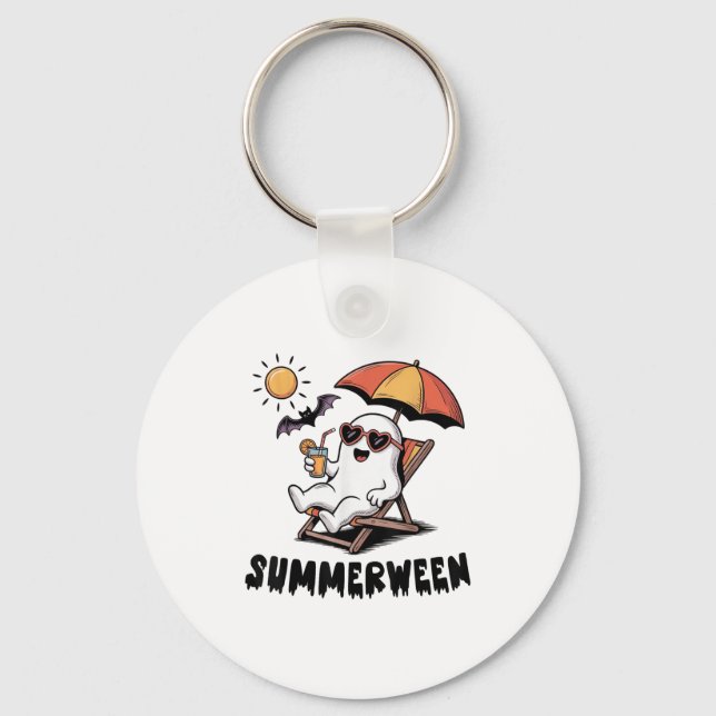 Summerween Cute Spooky Ghost med sommarbesök för Nyckelring (Framsida)