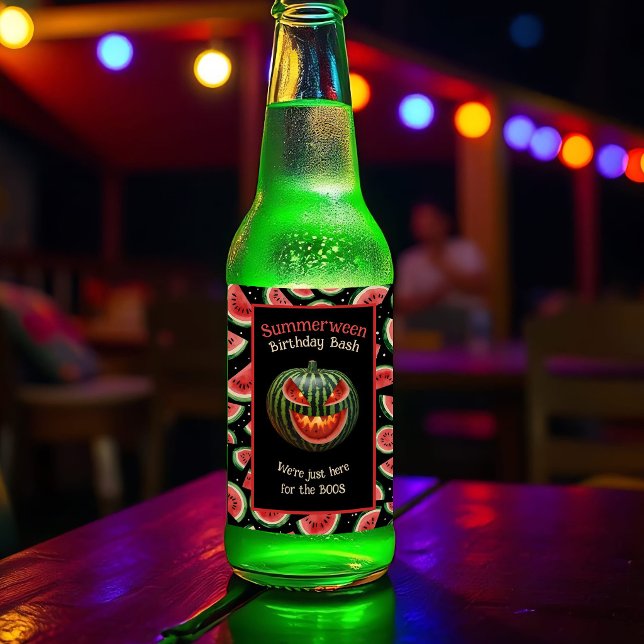 Summerween-fest Watermelon Jack o Lantern Kuslig Ölflaska Etikett (Summerween beer label: spooky watermelon jack-o’-lantern for epic party vibes & custom Summer fun!)