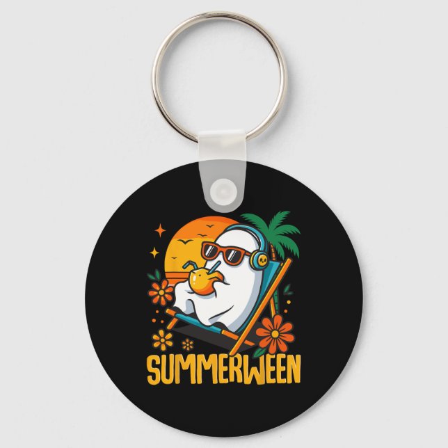 Summerween Funny Ghost Halloween Summer Beach Vibe Nyckelring (Framsida)