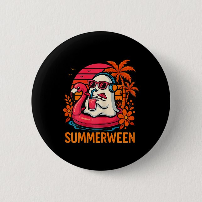 Summerween Funny Ghost Halloween Summer Flamingo B Knapp (Framsida)