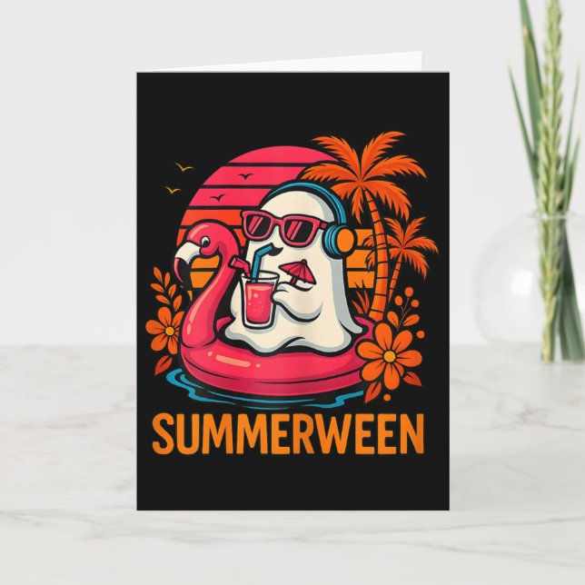 Summerween Funny Ghost Halloween Summer Flamingo B Kort (Framsida)