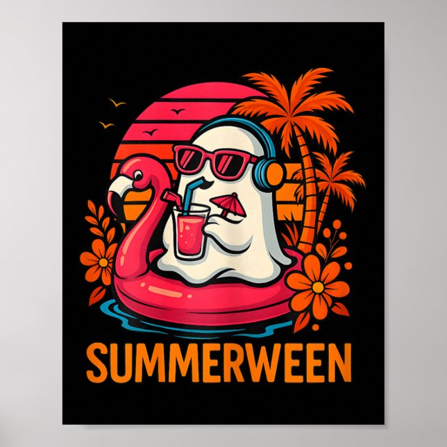 Summerween Funny Ghost Halloween Summer Flamingo B Poster (Framsidan)
