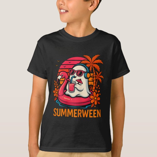 Summerween Funny Ghost Halloween Summer Flamingo B T Shirt (Framsida)