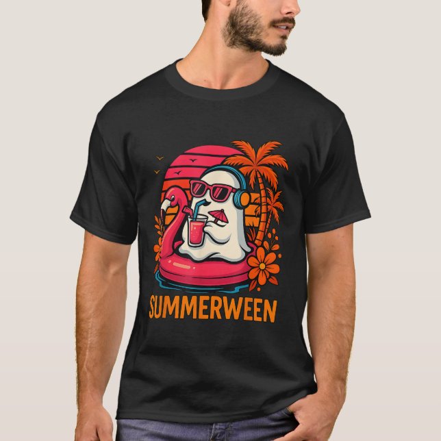 Summerween Funny Ghost Halloween Summer Flamingo B T Shirt (Framsida)