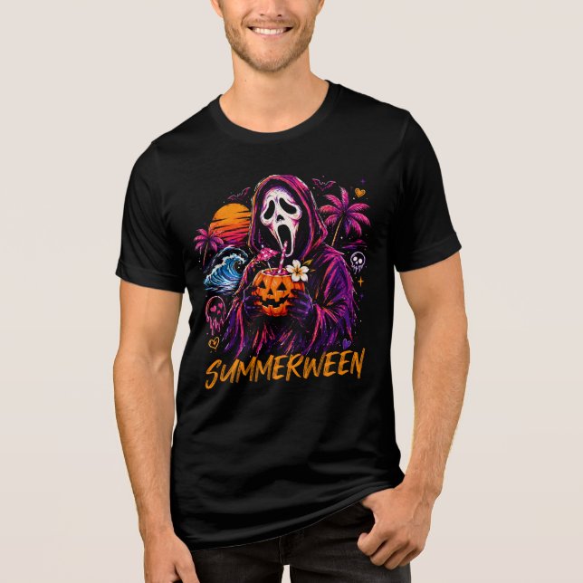 Summerween Ghostface Pumpkin Strand T Shirt (Framsida)