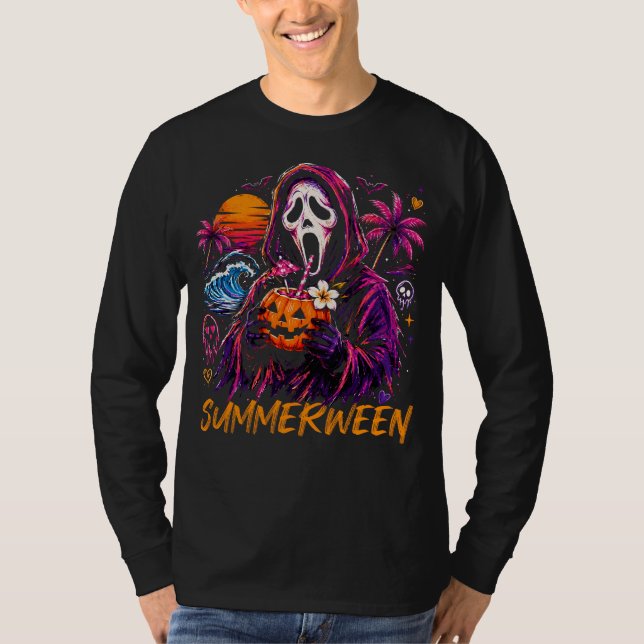 Summerween Ghostface Pumpkin Strand T Shirt (Framsida)
