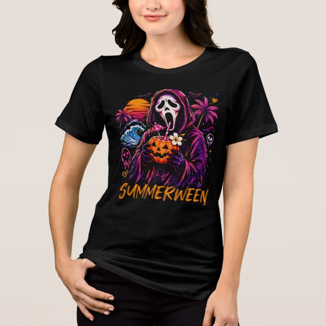Summerween Ghostface Pumpkin Strand T Shirt (Framsida)