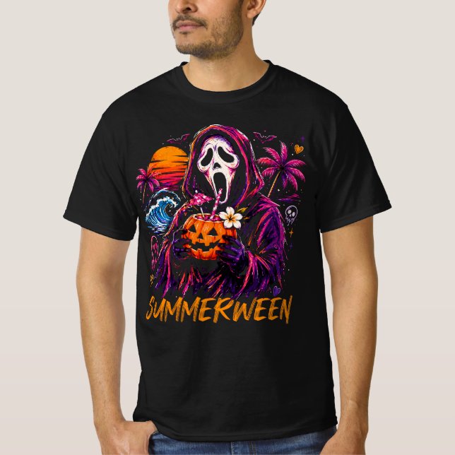Summerween Ghostface Pumpkin Strand T Shirt (Framsida)