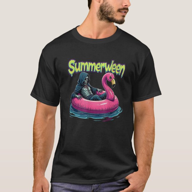 Summerween Grim Reaper Flamingo Gothic Halloween B T Shirt (Framsida)