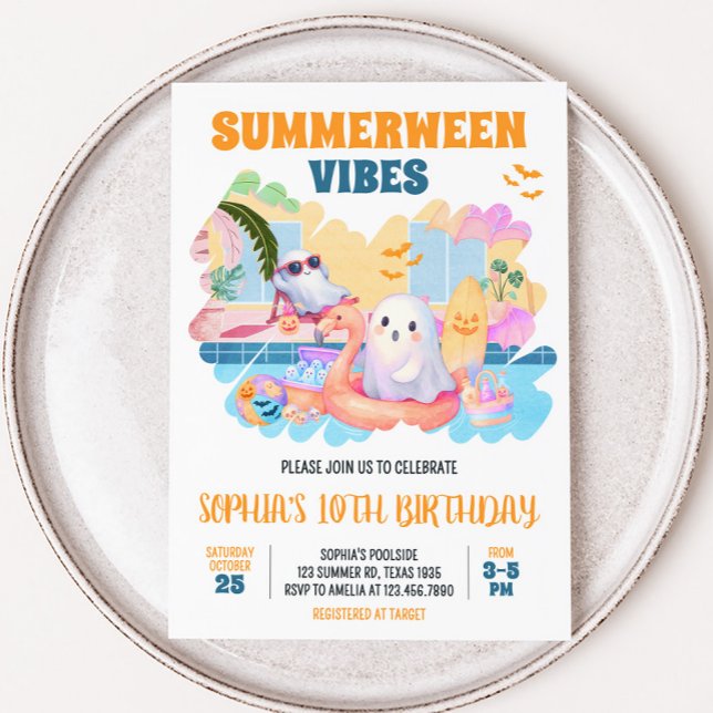 Summerween Halloween Bassäng Birthday Inbjudningar (Summerween Halloween Pool Birthday Invitation)