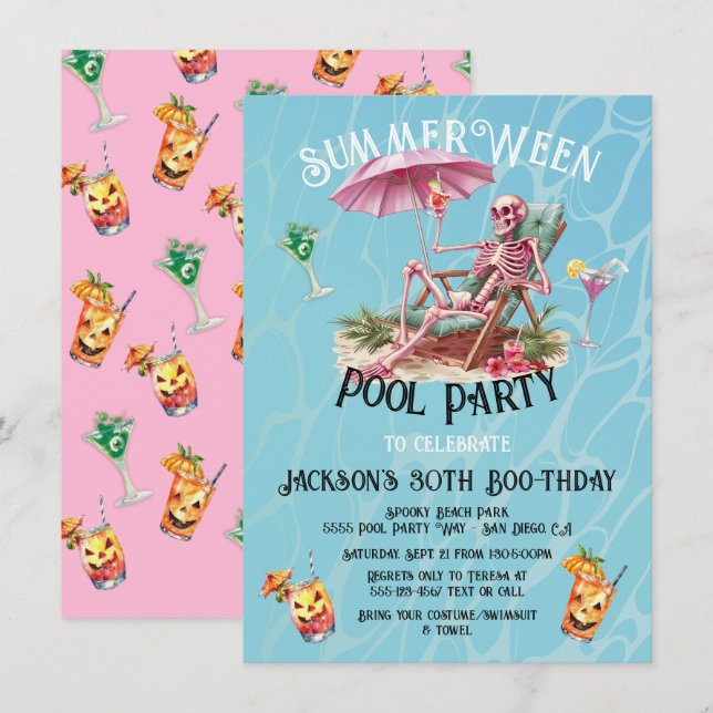 SummerWeen Halloween Beach Skeleton Inbjudningar (Fram/baksida)