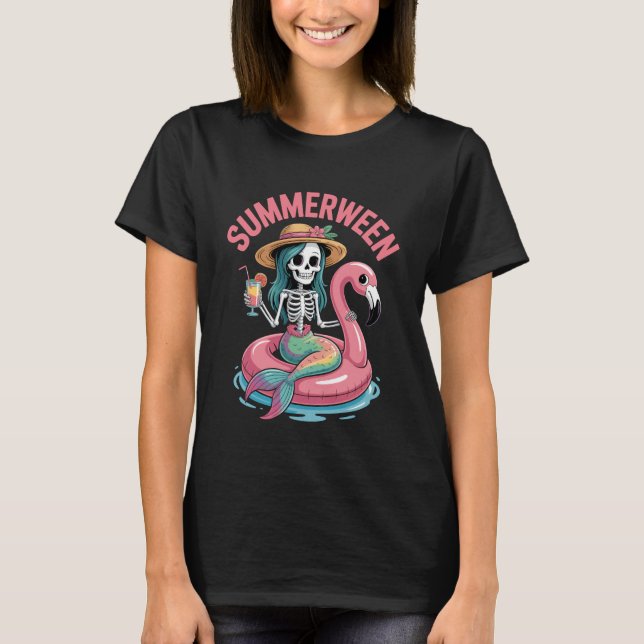 Summerween Havfruskelett Flamingo Strand Halloween T Shirt (Framsida)