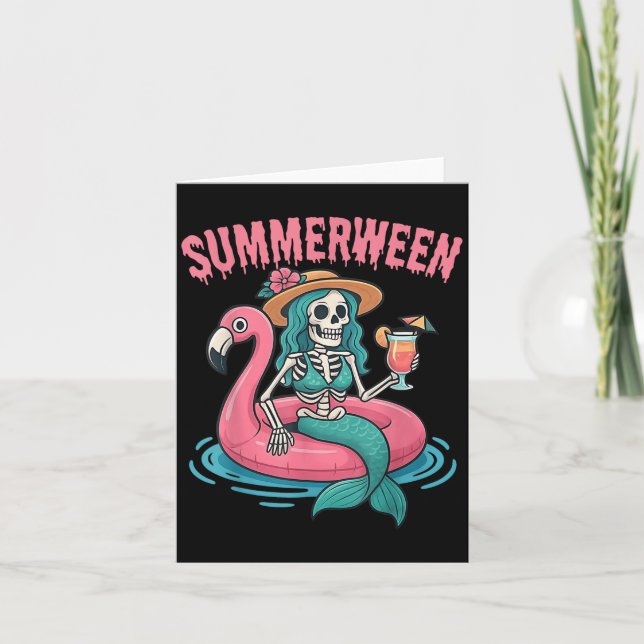 Summerween Havsfruskelett Strand Flamingo Hallowee Kort (Framsida)