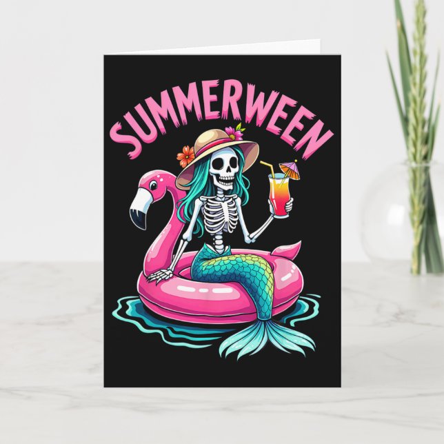Summerween Havsfruskelett Strandflamingo Halloween Kort (Framsida)