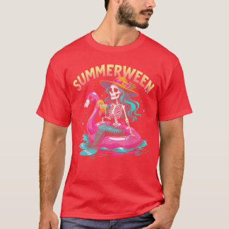 Summerween Mermaid Skeleton Beach Flamingo Hallowe T Shirt