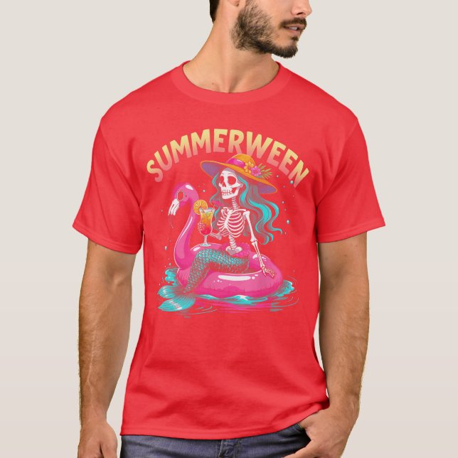 Summerween Mermaid Skeleton Beach Flamingo Hallowe T Shirt (Framsida)