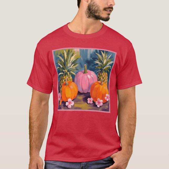 Summerween Pink Pumpkin Pineapple Hibiscus Hallowe T Shirt (Framsida)