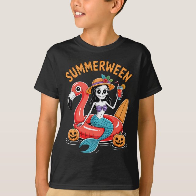 Summerween Sjöjungfru Skeleton Beach Flamingo Hall T Shirt (Framsida)