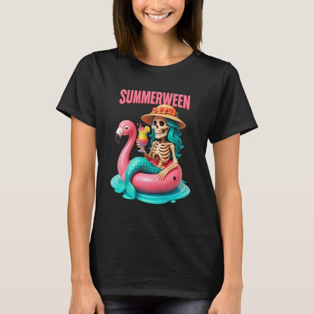 Summerween Sjöjungfru Skeleton Beach Flamingo Hall T Shirt (Framsida)