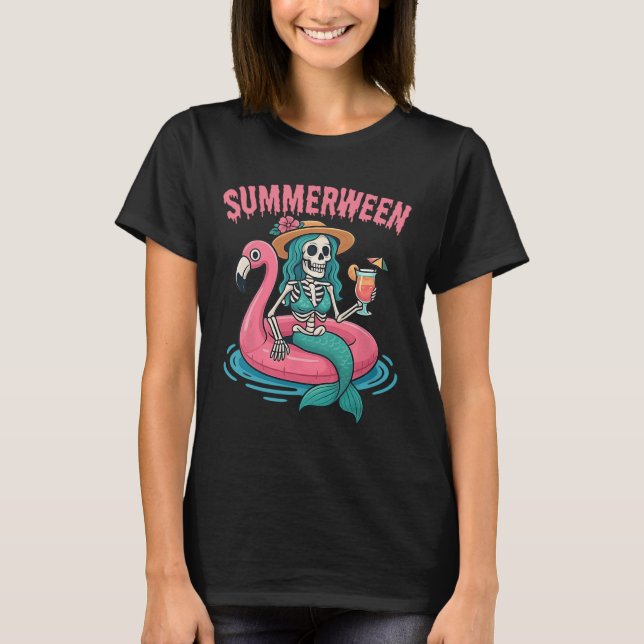 Summerween Sjöjungfru Skeleton Beach Flamingo Hall T Shirt (Framsida)